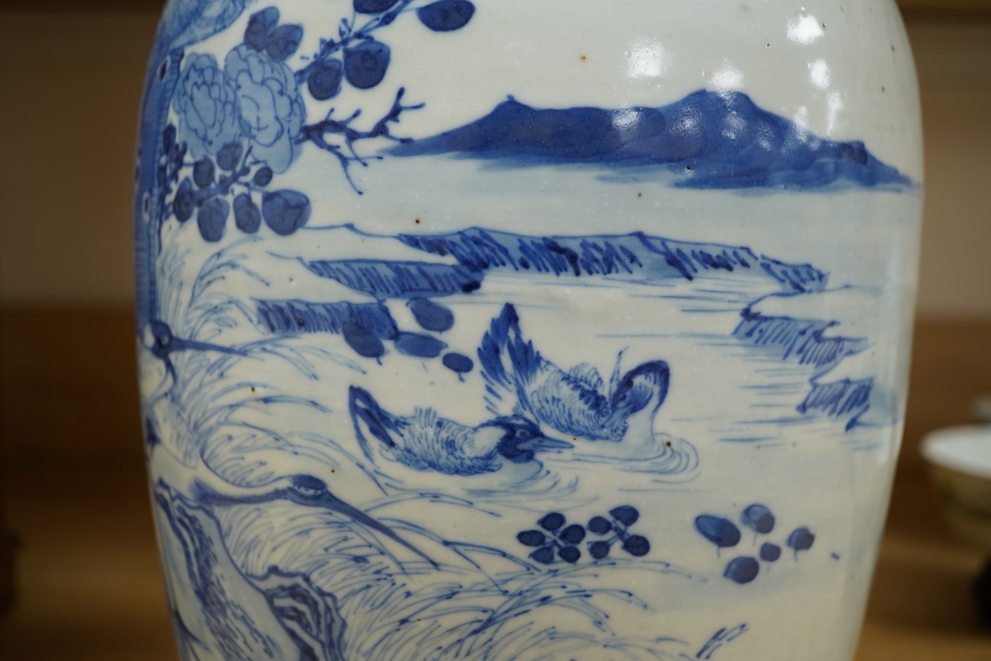 A late 19th century Chinese blue and white ‘Hundred Birds’ baluster vase, 44cm high